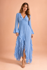 Vestido longo azul com folhos