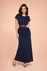 Vestido longo azul escuro cintado