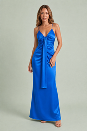 Vestido longo drapeado com decote em V