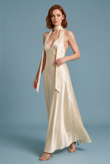 Vestido champanhe cetim costas nuas