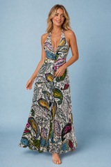 Vestido longo estampado com gola halter