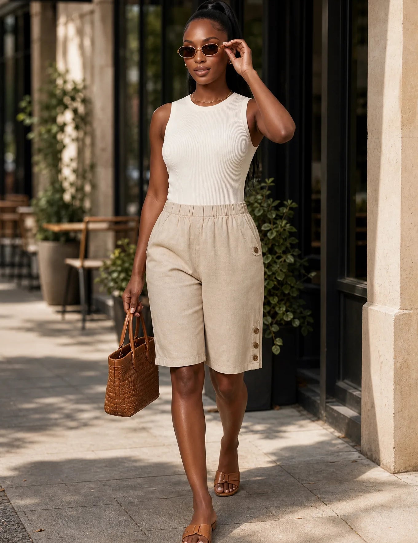 Bermuda droit taille haute | Photo lifestyle | Lounelle Paris