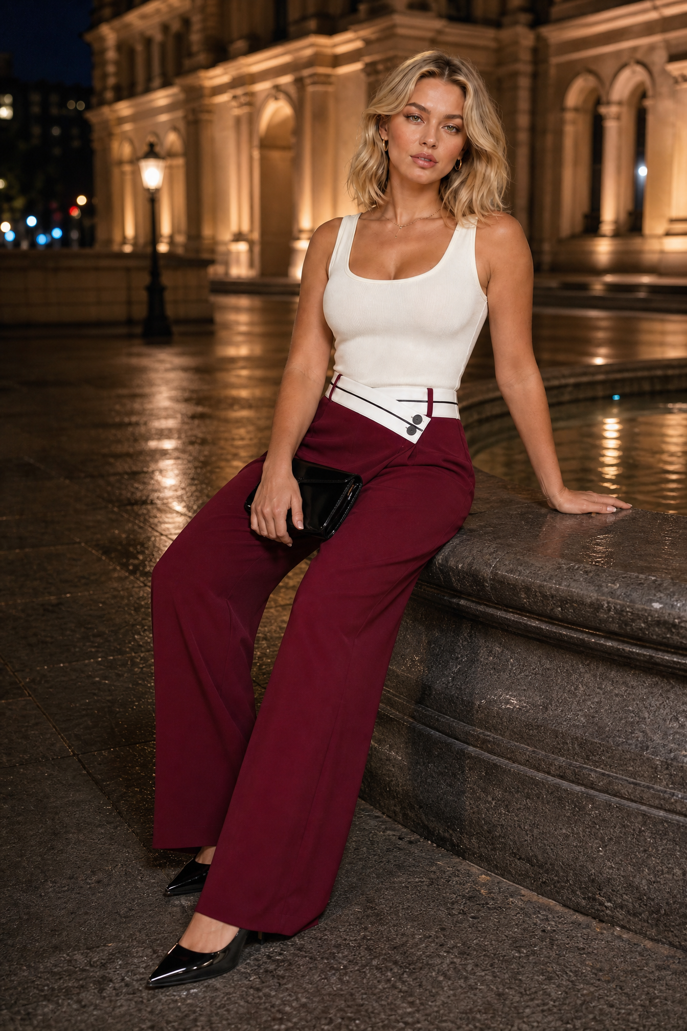 Pantalon large taille haute croisée | Variante Bordeaux - Lifestyle | Lounelle Paris