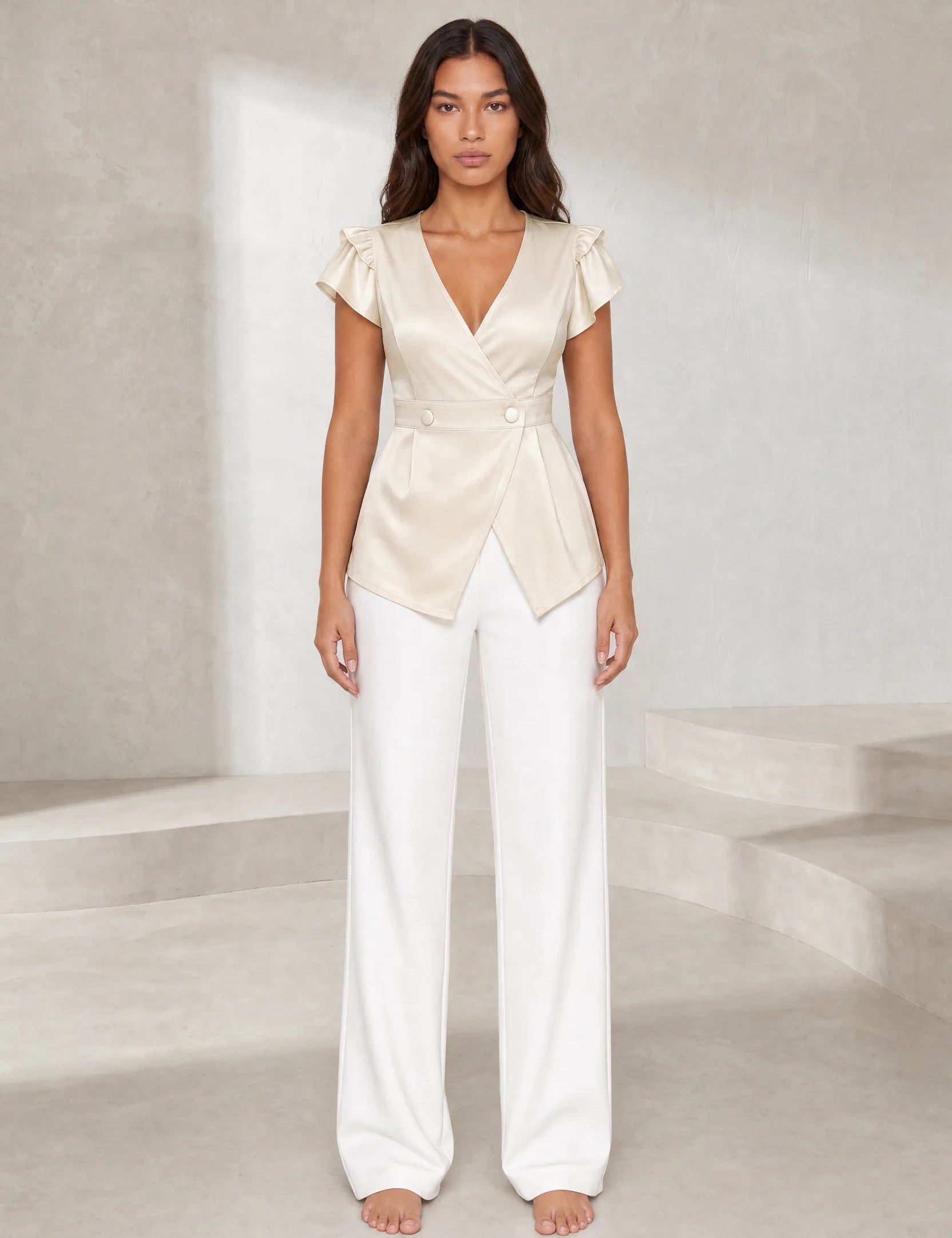 Blouse abricot col V manches volantées | Lounelle Paris