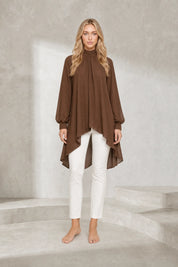 Blouse marron col montant asymétrique | Lounelle Paris