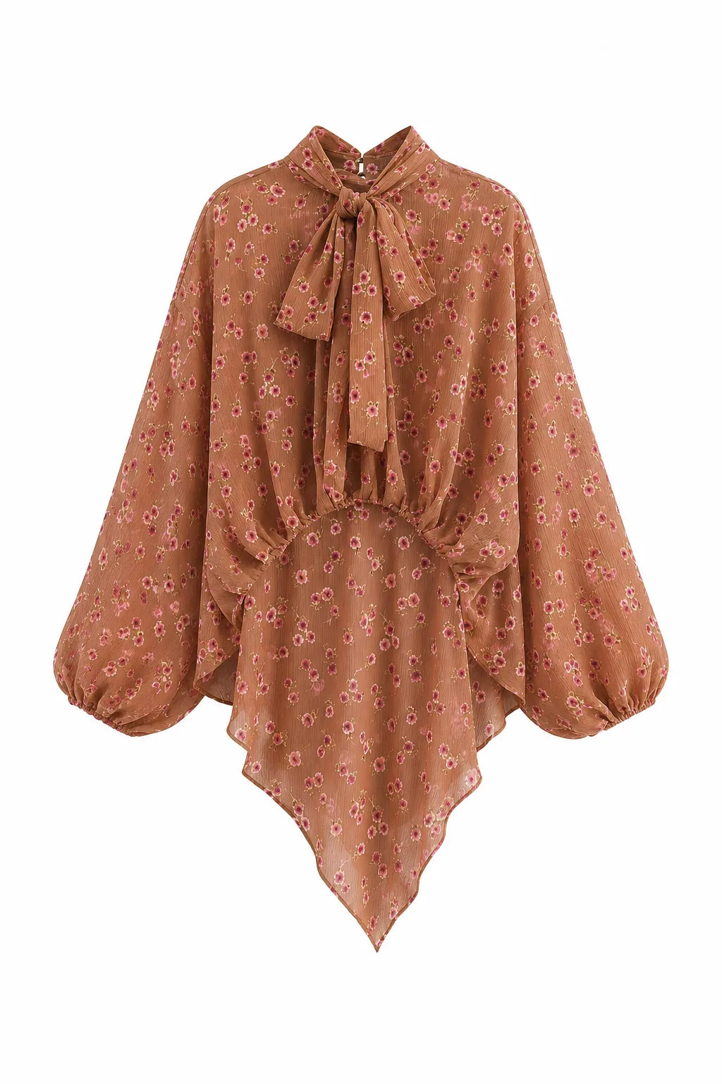Blouse marron fleurie col lavallière | Lounelle Paris