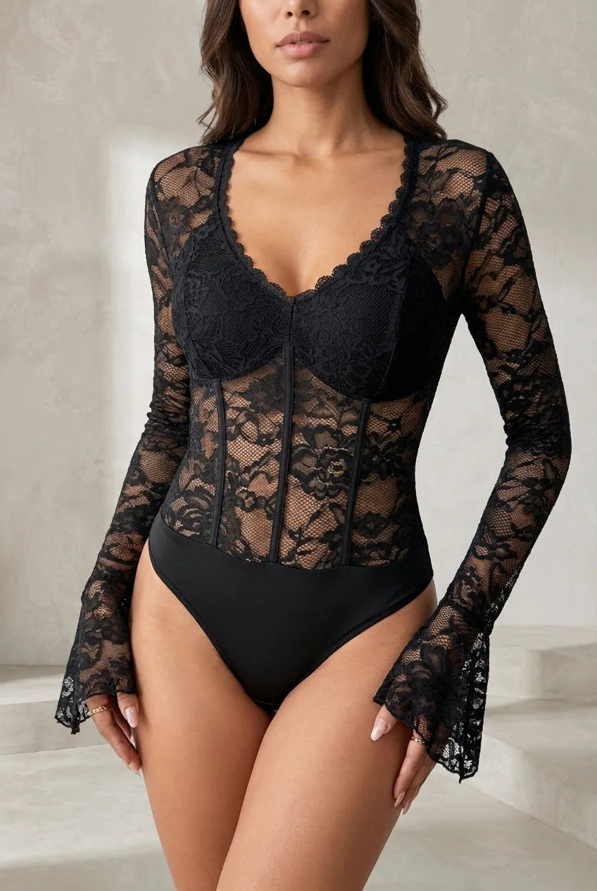 Body noir en dentelle à col V | Lounelle Paris
