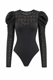 Body noir en dentelle à manches bouffantes | Lounelle Paris