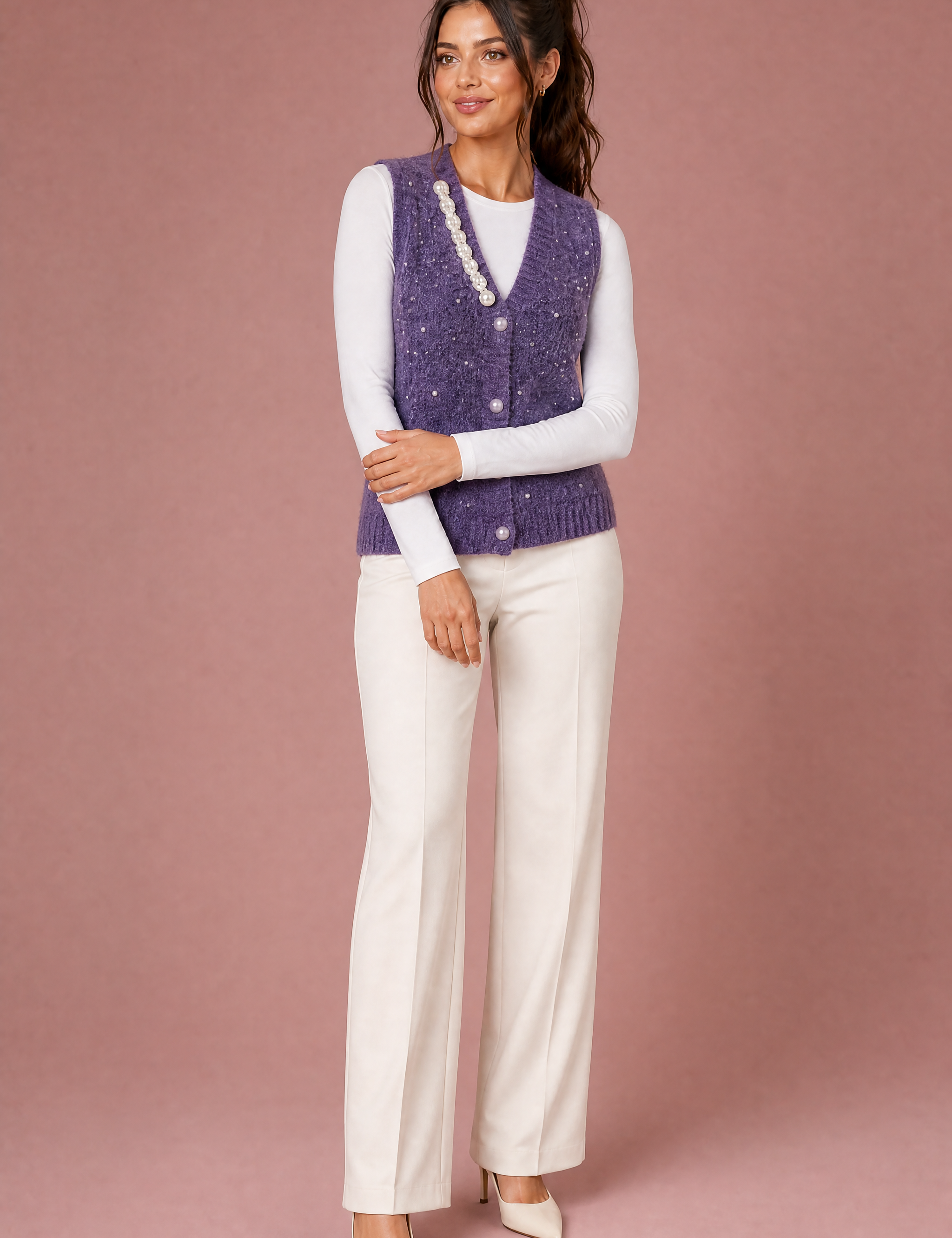 Gilet sans manches col V perlé | Variante Violet | Lounelle Paris