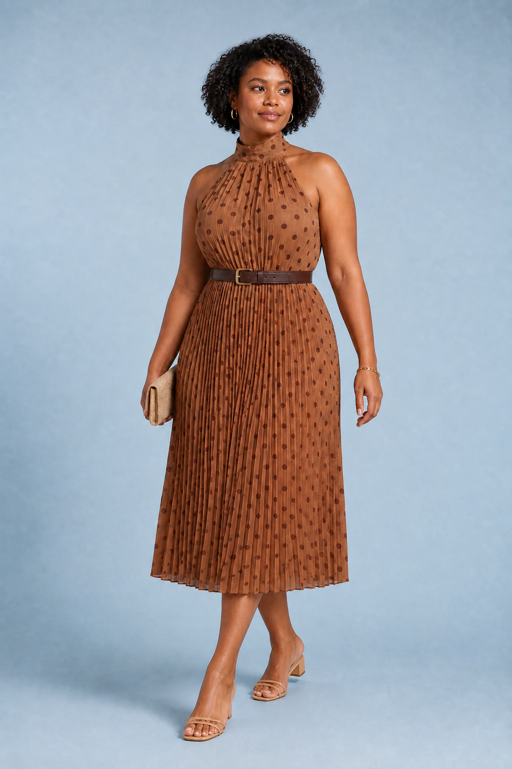 Vestido castanho com bolinhas e decote halter