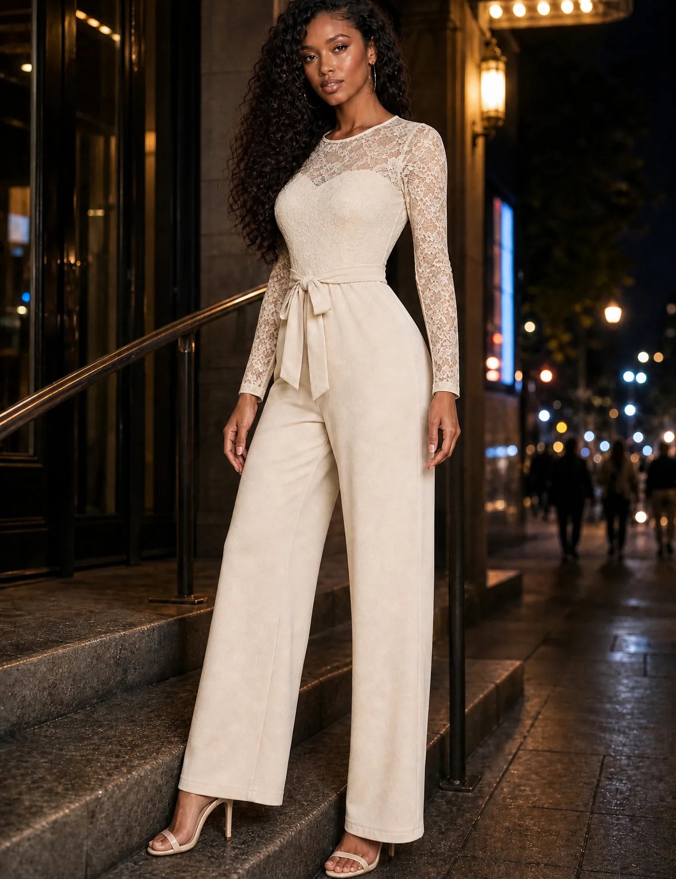 Combinaison en dentelle à jambes larges | Variante Beige - Lifestyle | Lounelle Paris