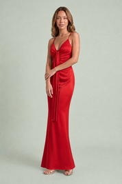 Vestido longo drapeado com decote em V