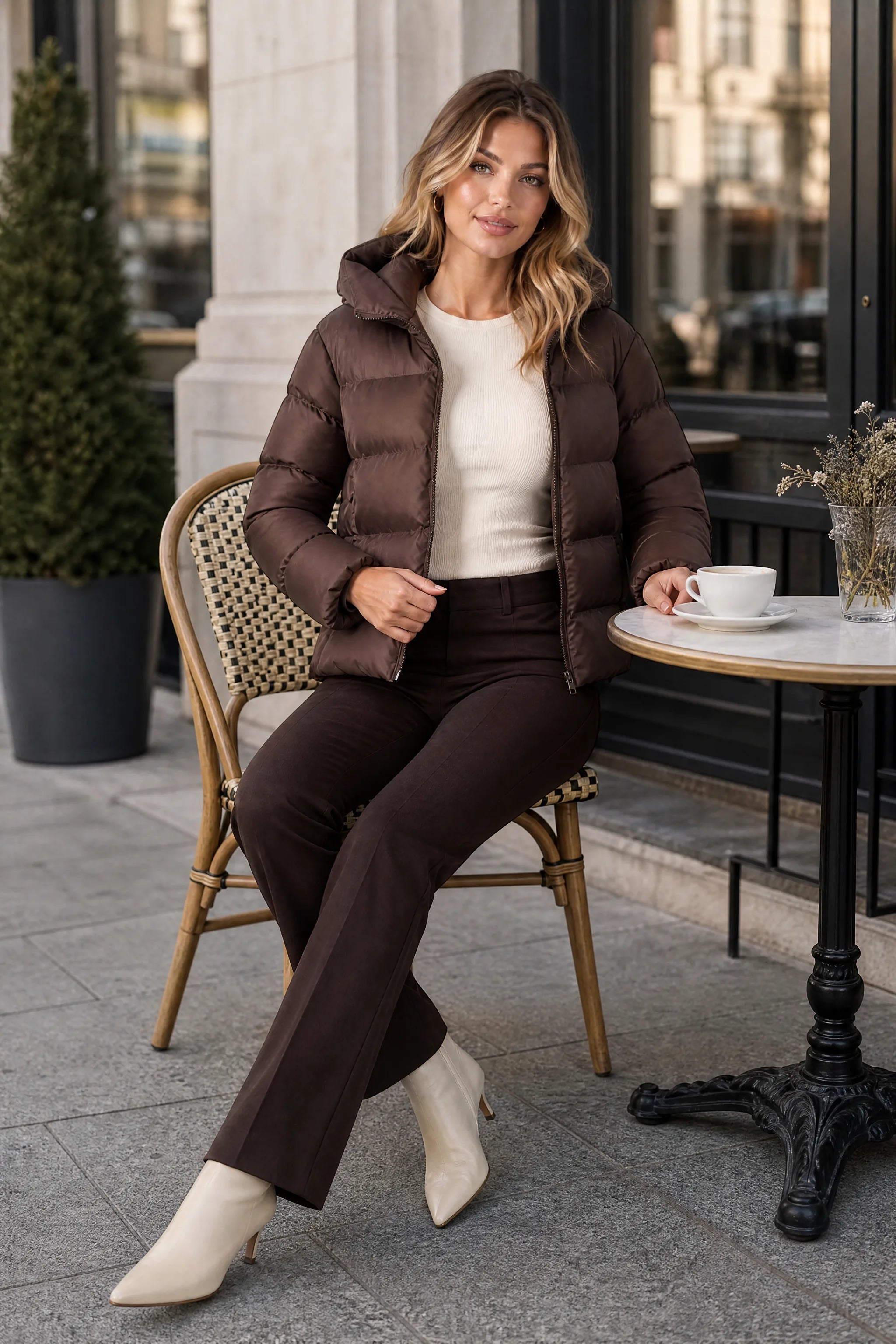 Doudoune courte café à capuche | Photo lifestyle | Lounelle Paris