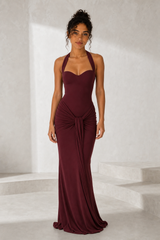 Vestido comprido halter costas nuas com atilhos