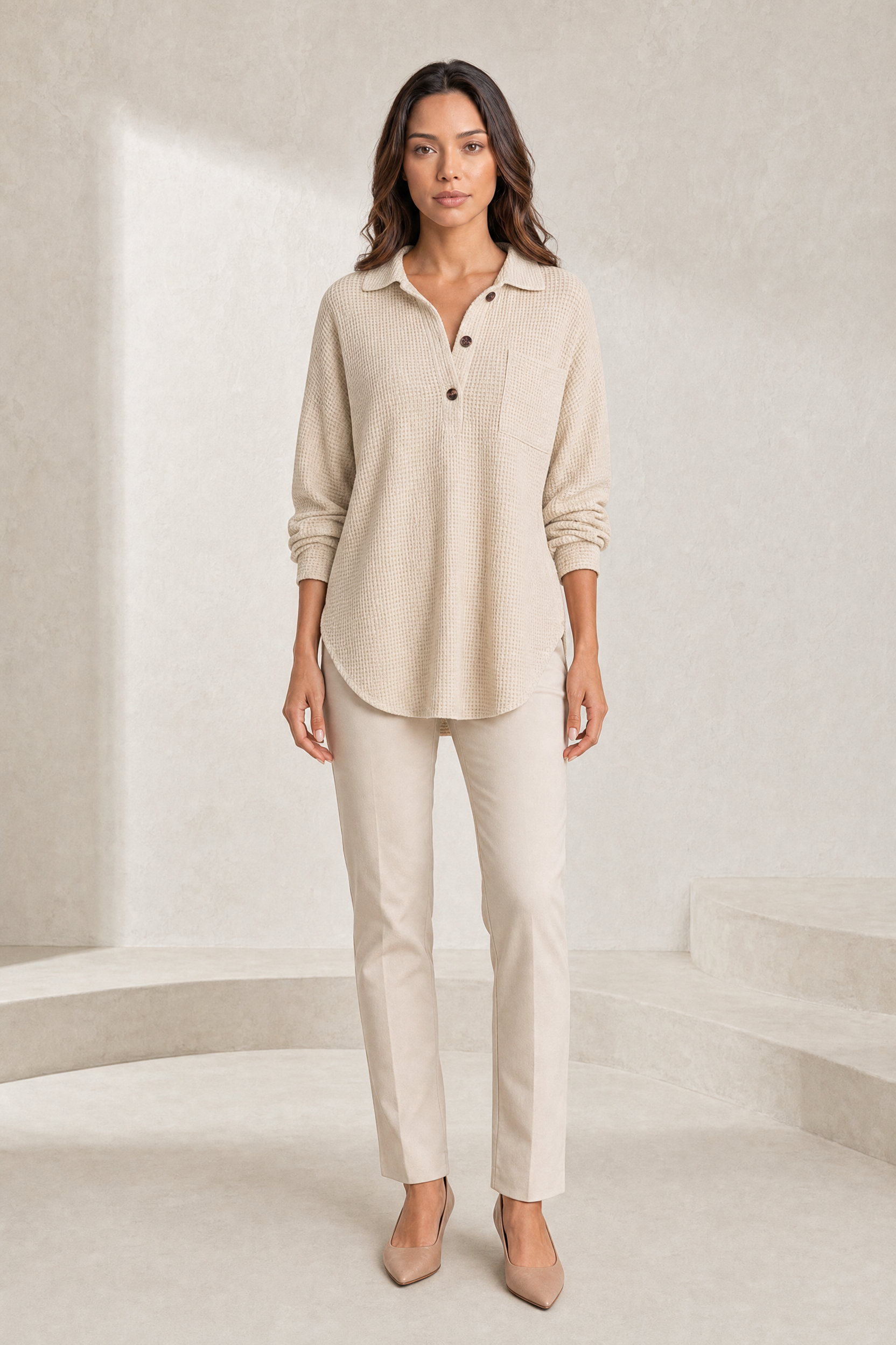 Top maille gaufrée col chemise | Lounelle Paris