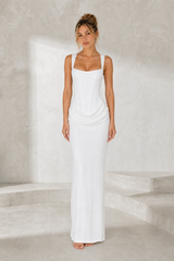 Vestido comprido com decote quadrado drapeado