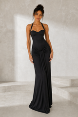 Vestido comprido halter costas nuas com atilhos