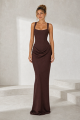 Vestido comprido com decote quadrado drapeado