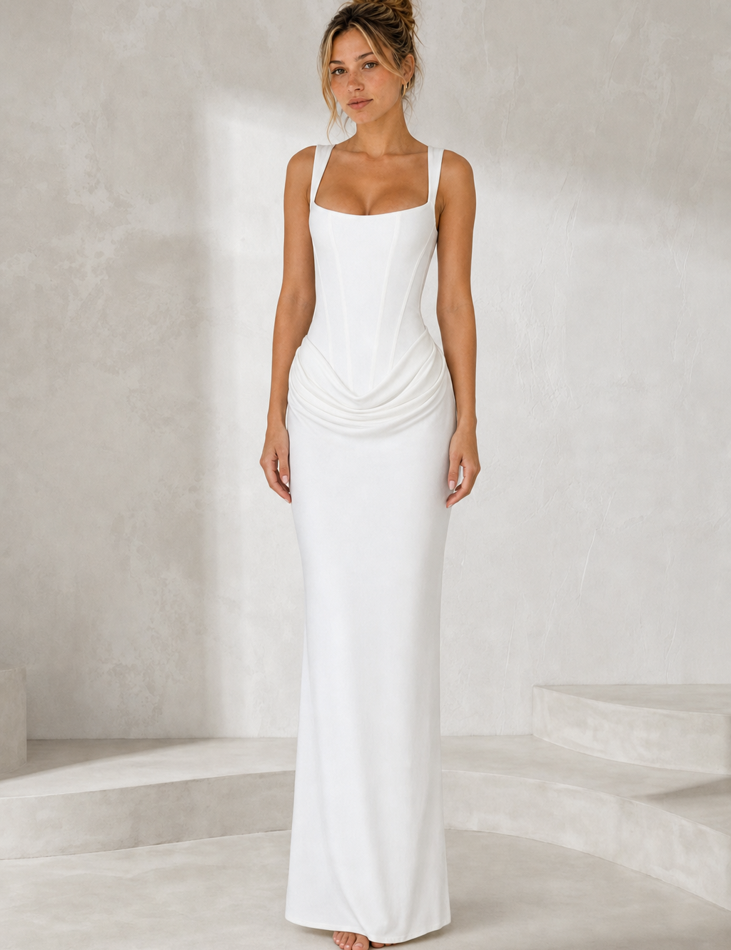 Robe longue encolure carrée drapée vue de face - Lounelle Paris