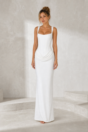 Robe longue encolure carrée drapée vue de face - Lounelle Paris