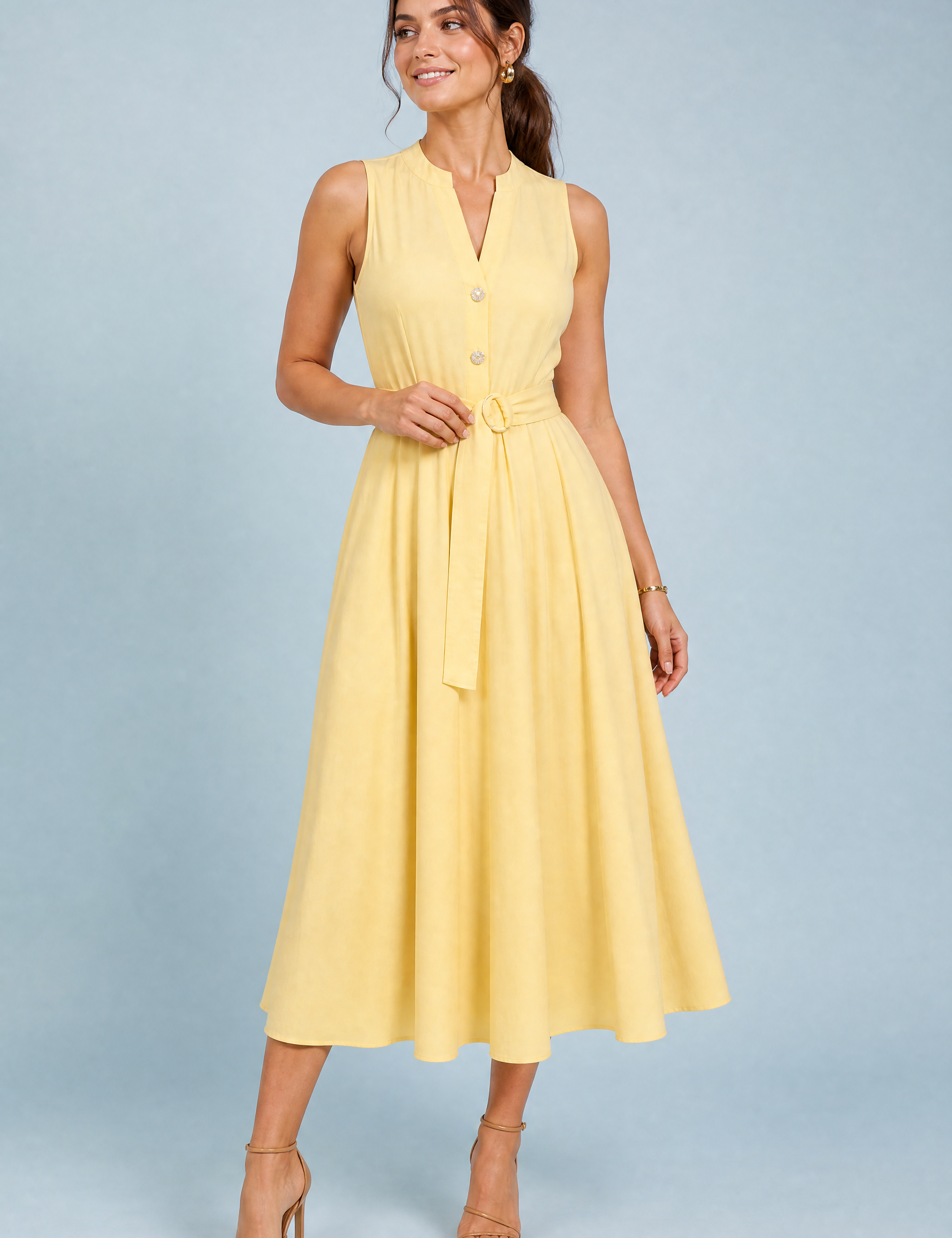 Robe jaune col en V ceinturée | Vue de face | Lounelle Paris