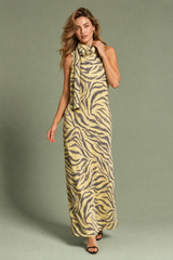Vestido longo com estampa de zebra e gola cachecol