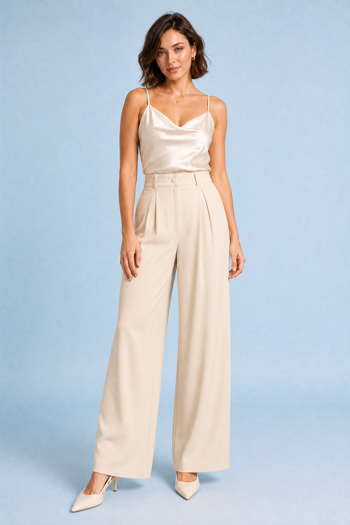Pantalon large taille haute fluide | Variante Beige | Lounelle Paris