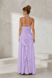Vestido comprido com decote halter e folhos