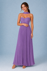 Vestido comprido plissado com costas descobertas