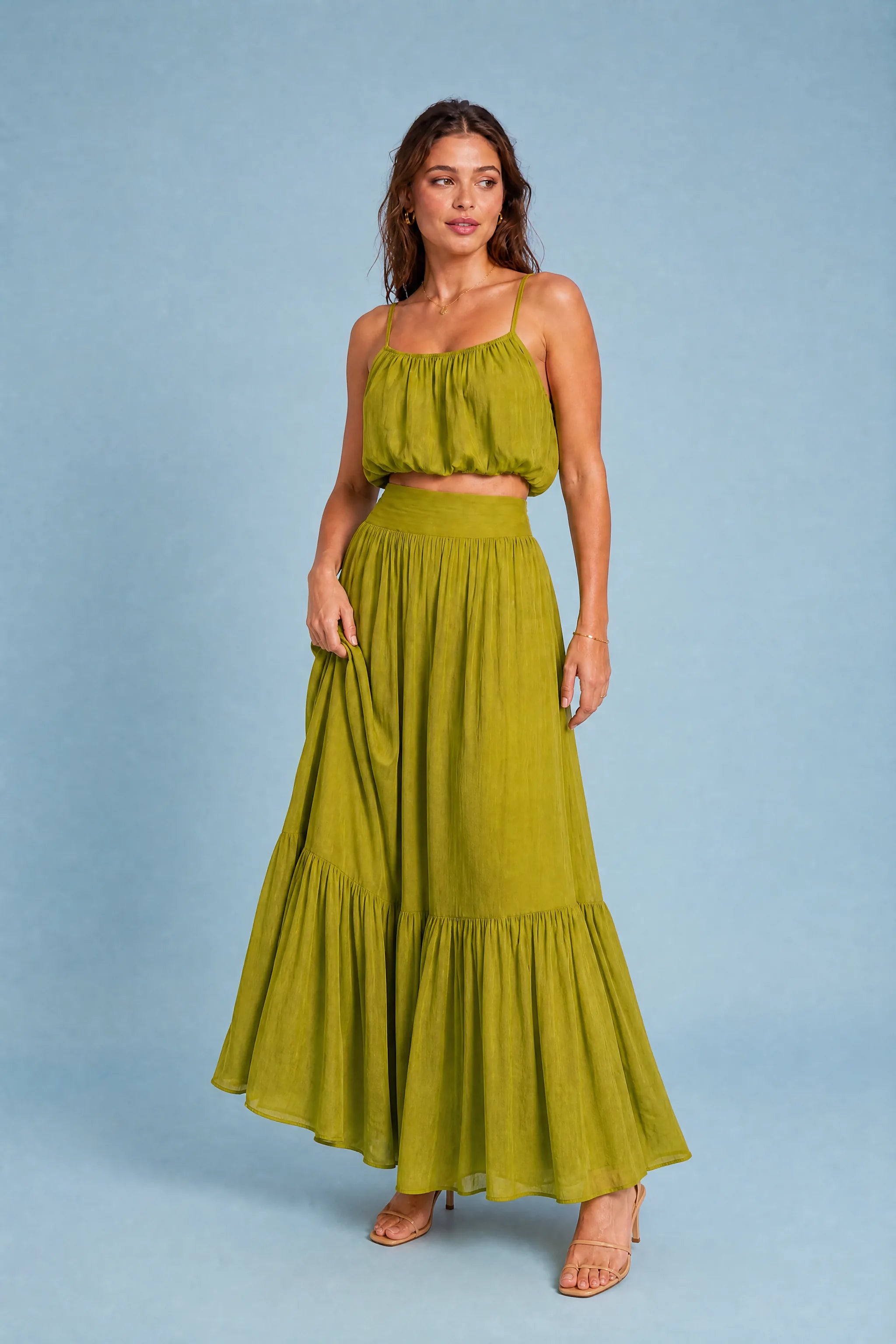 Ensemble jupe longue fines bretelles | Variante Kaki | Lounelle Paris