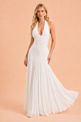 Vestido comprido de decote halter com costas descobertas