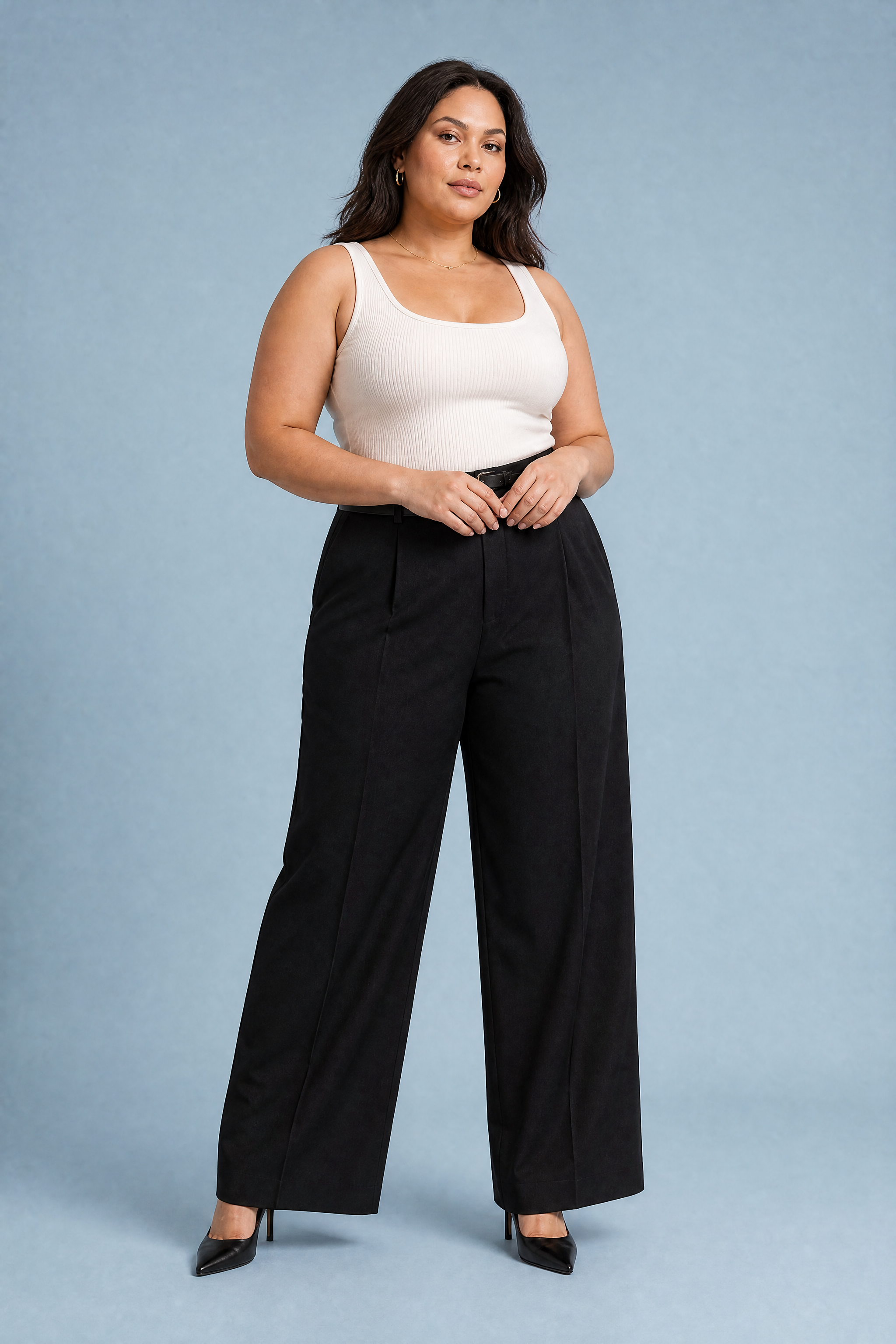 Pantalon large taille haute | Porté sur une silhouette plus ronde | Lounelle Paris