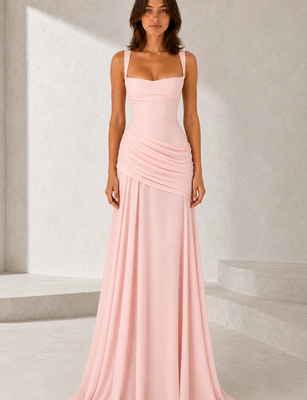 Vestido comprido cai-cai drapeado
