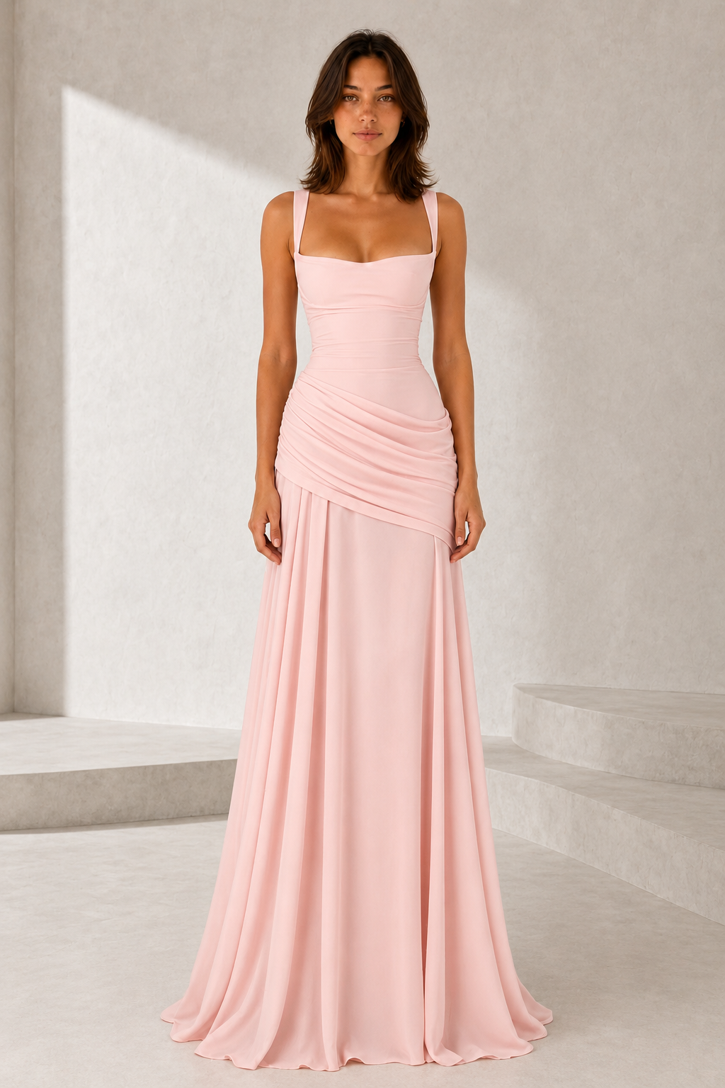 Vestido comprido cai-cai drapeado