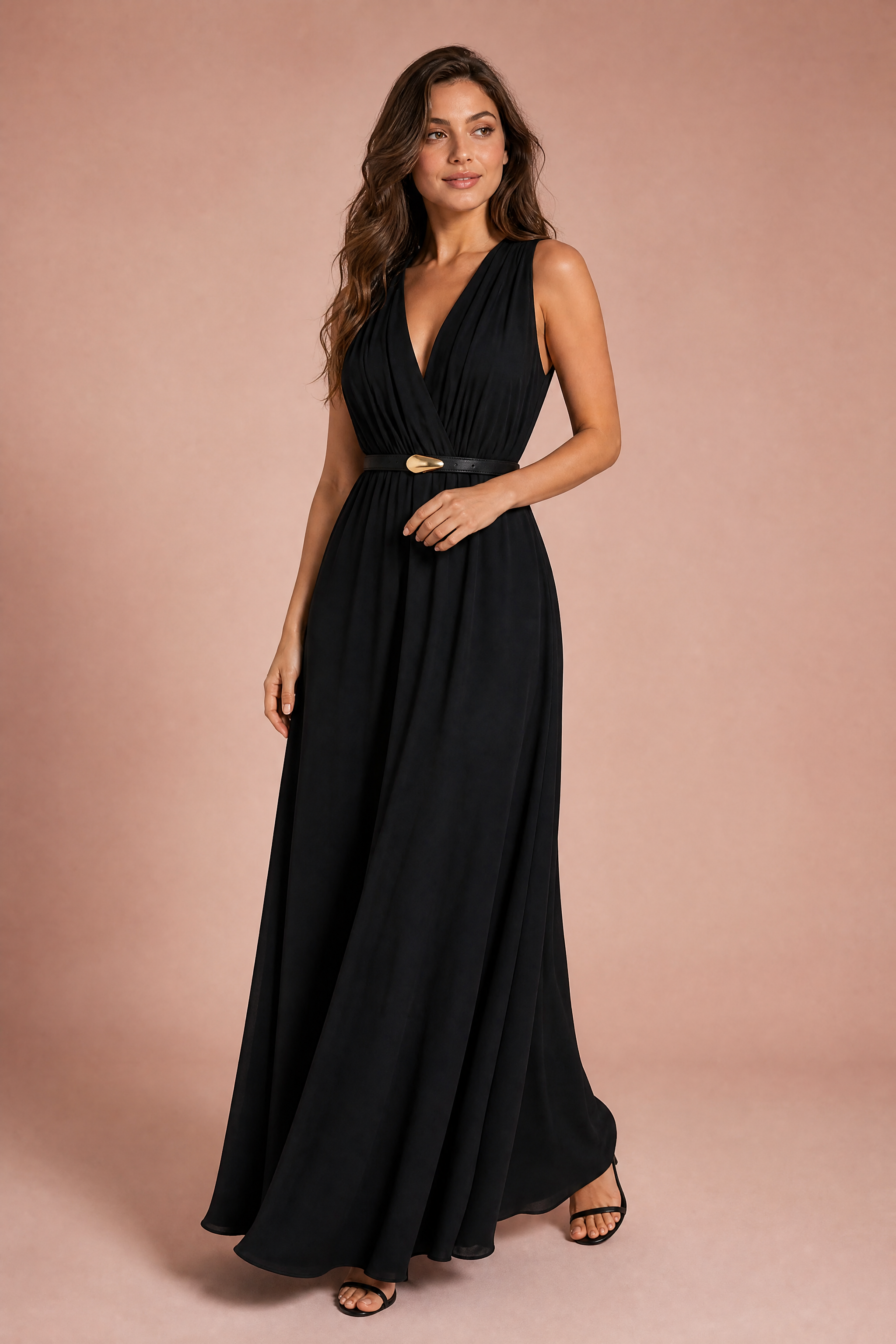 Robe noire col V ceinturée | Vue de face | Lounelle Paris