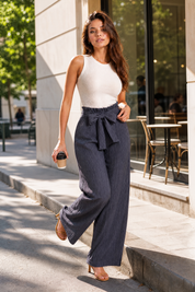 Pantalon large taille haute à nouer | Variante Gris - Lifestyle | Lounelle Paris