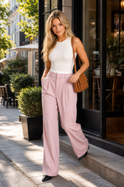 Pantalon large rayé taille haute | Variante Rose - Lifestyle | Lounelle Paris