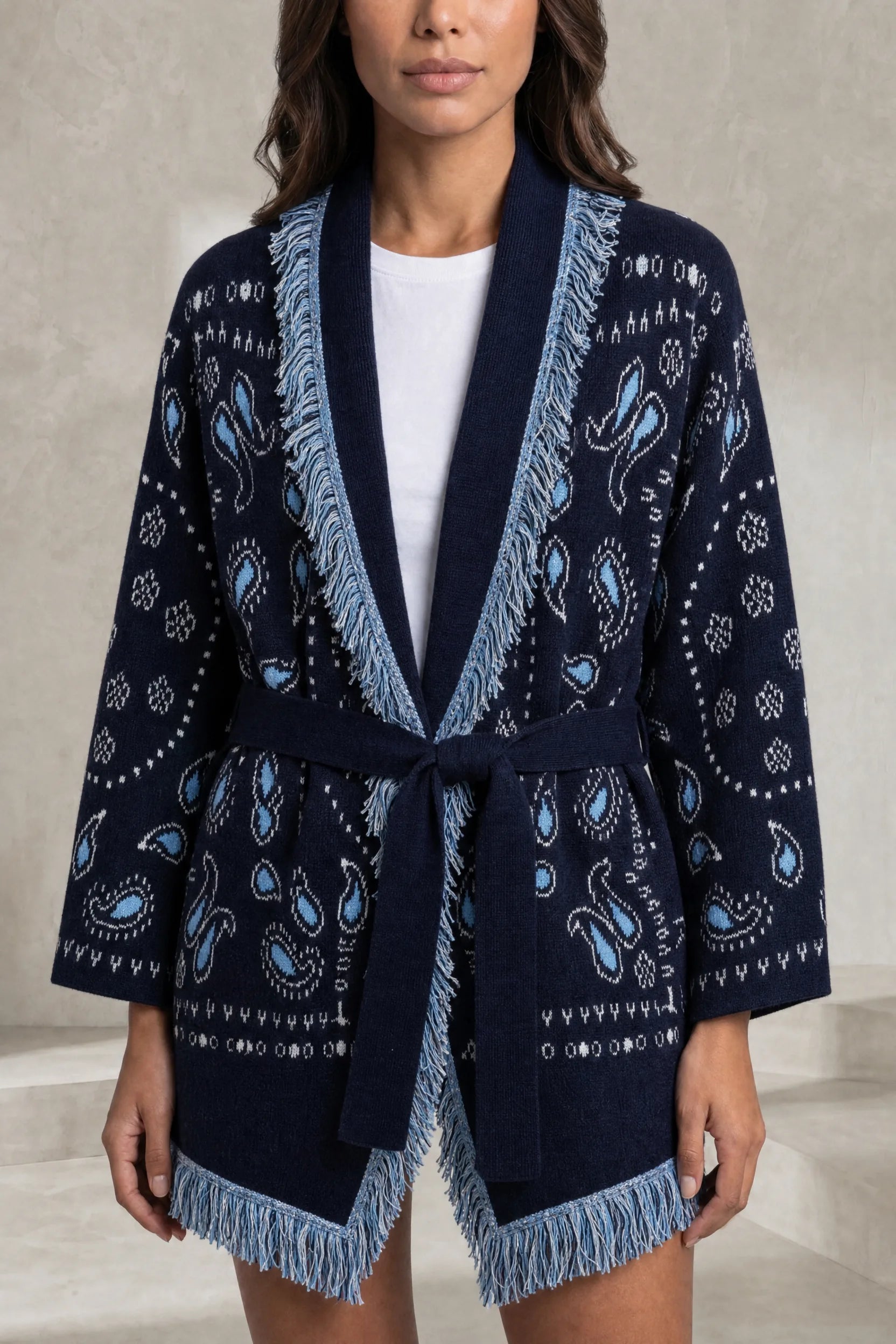 Gilet bleu marine col V franges | Lounelle Paris