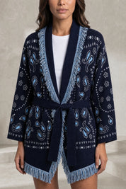 Gilet bleu marine col V franges | Lounelle Paris