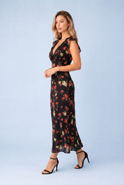 Robe noire florale à volants | Vue de profil | Lounelle Paris