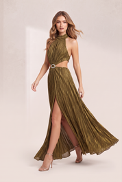 Robe longue or olive dos ouvert | Vue en mouvement | Lounelle Paris