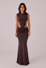 Vestido comprido sem costas com cintura recortada