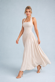 Robe longue abricot col licou dos nu | Vue en mouvement | Lounelle Paris