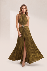 Vestido longo ouro oliva costas abertas
