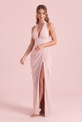 Vestido comprido com decote halter e costas nuas