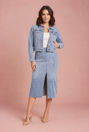 Ensemble veste jean et jupe midi | Porté sur une autre silhouette | Lounelle Paris