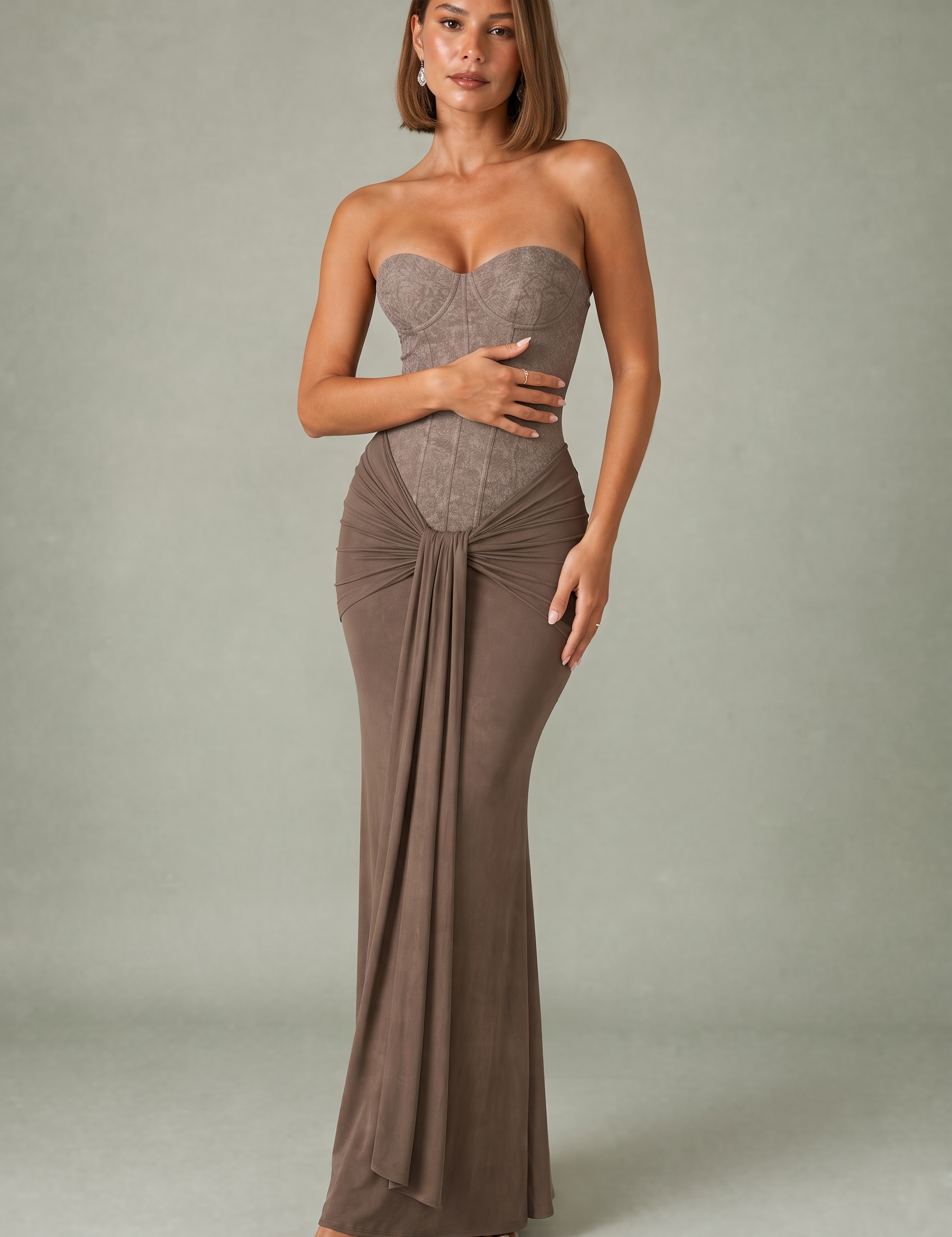 Robe longue bustier drapée | Variante Kaki | Lounelle Paris