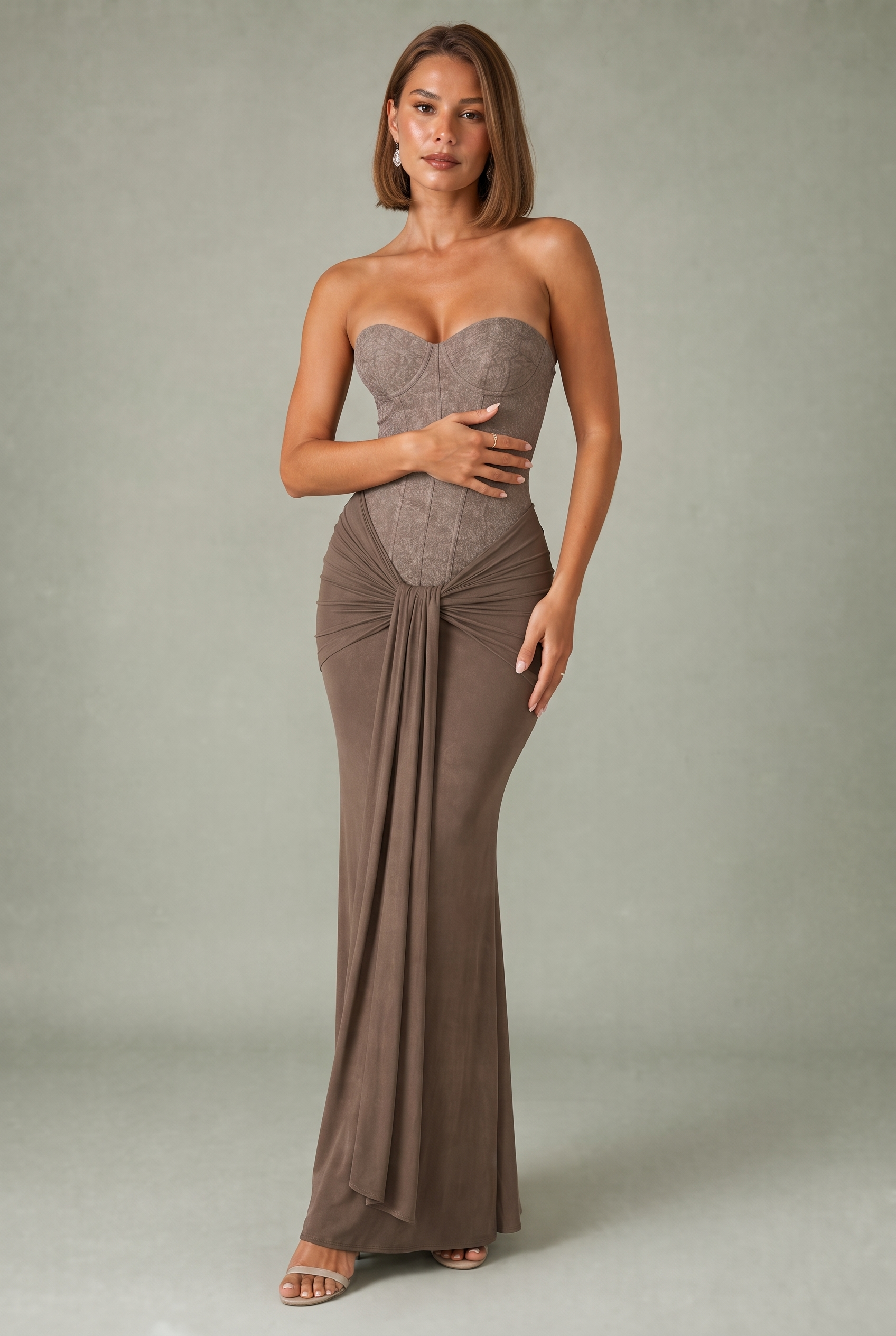Robe longue bustier drapée | Variante Kaki | Lounelle Paris