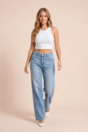 Jean bleu ample taille mi-haute | Vue en mouvement | Lounelle Paris
