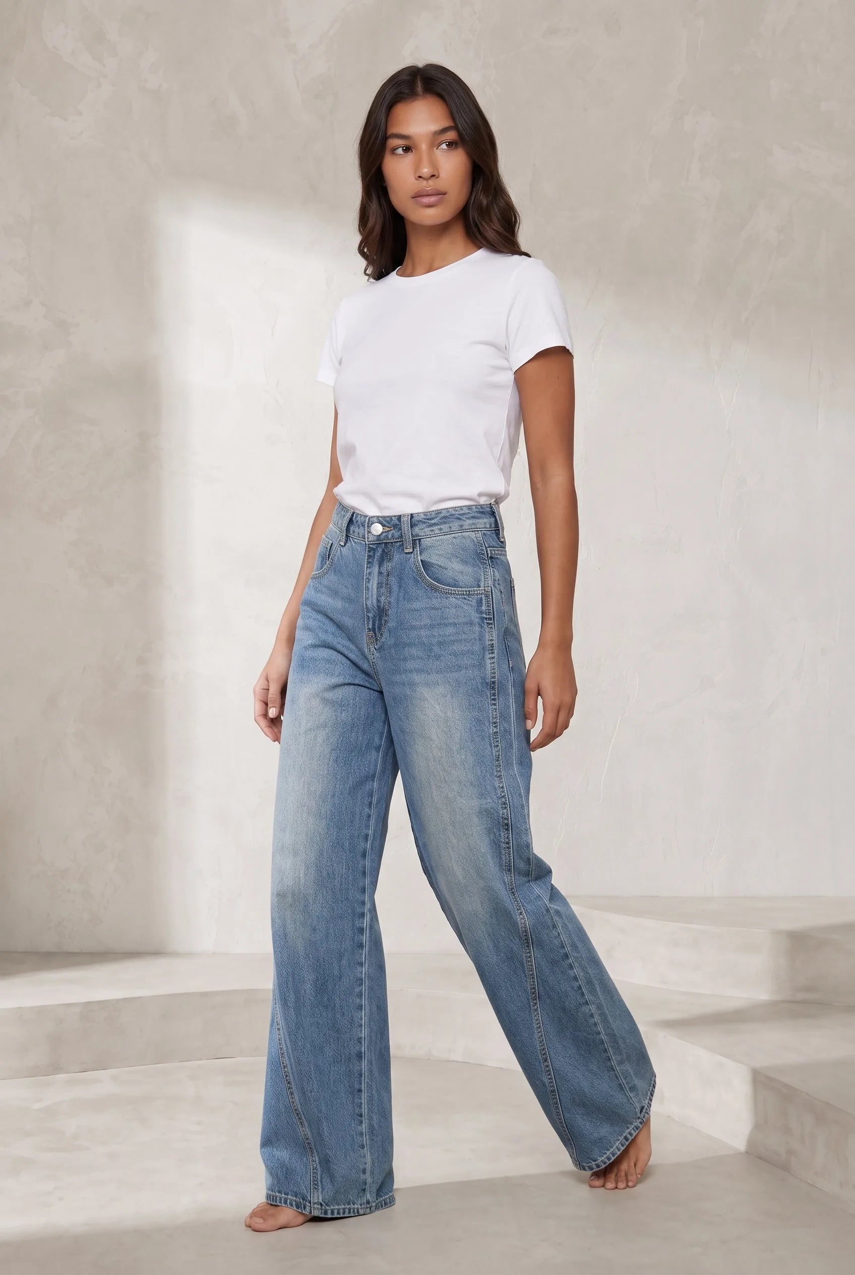 Jean bleu coupe ample taille mi-haute | Lounelle Paris